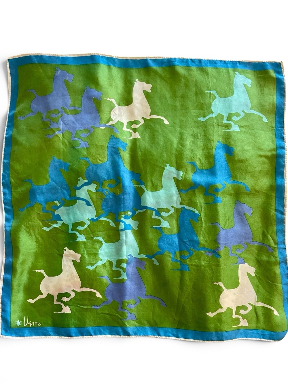 Vera Neumann Silk Blue & Green Galloping Horses Scarf